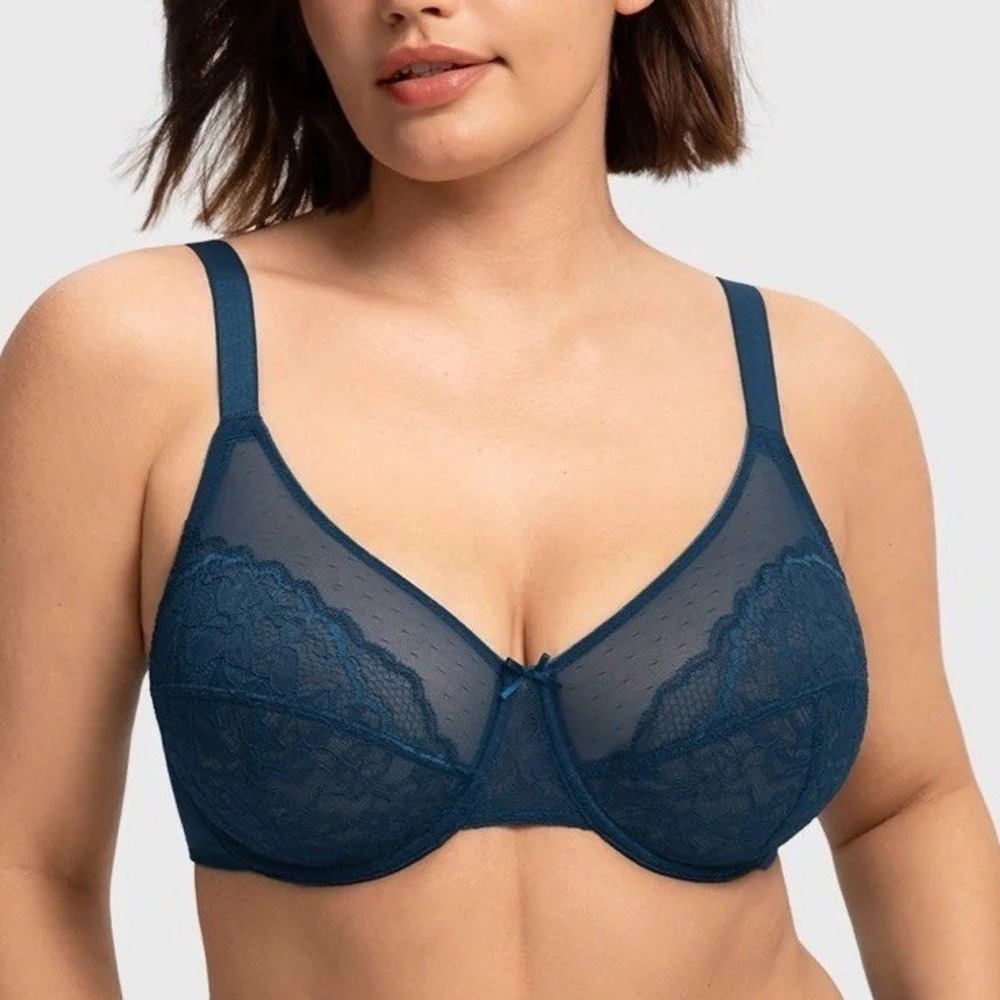 HSIA 38DDD Bra Enchante Unlined Non padded Lace Underwire Sheer Balsam Blue Teal